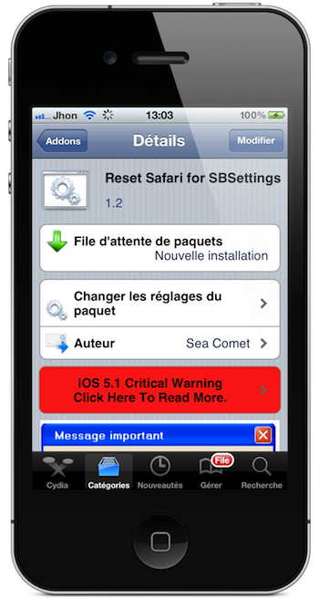 Addons SBSettings : Remettez à zéro MobileSafari avec ResetSafari for SBSettings. 4