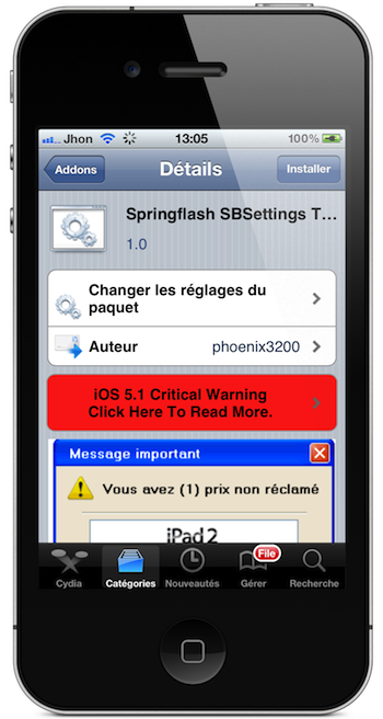Addons SBSettings : Activez la led flash de votre iPhone 4 ou 4S avec SpringFlash SBSettings Toggle. 1
