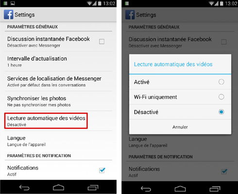 Désactiver la lecture automatique des videos Facebook sur le Android